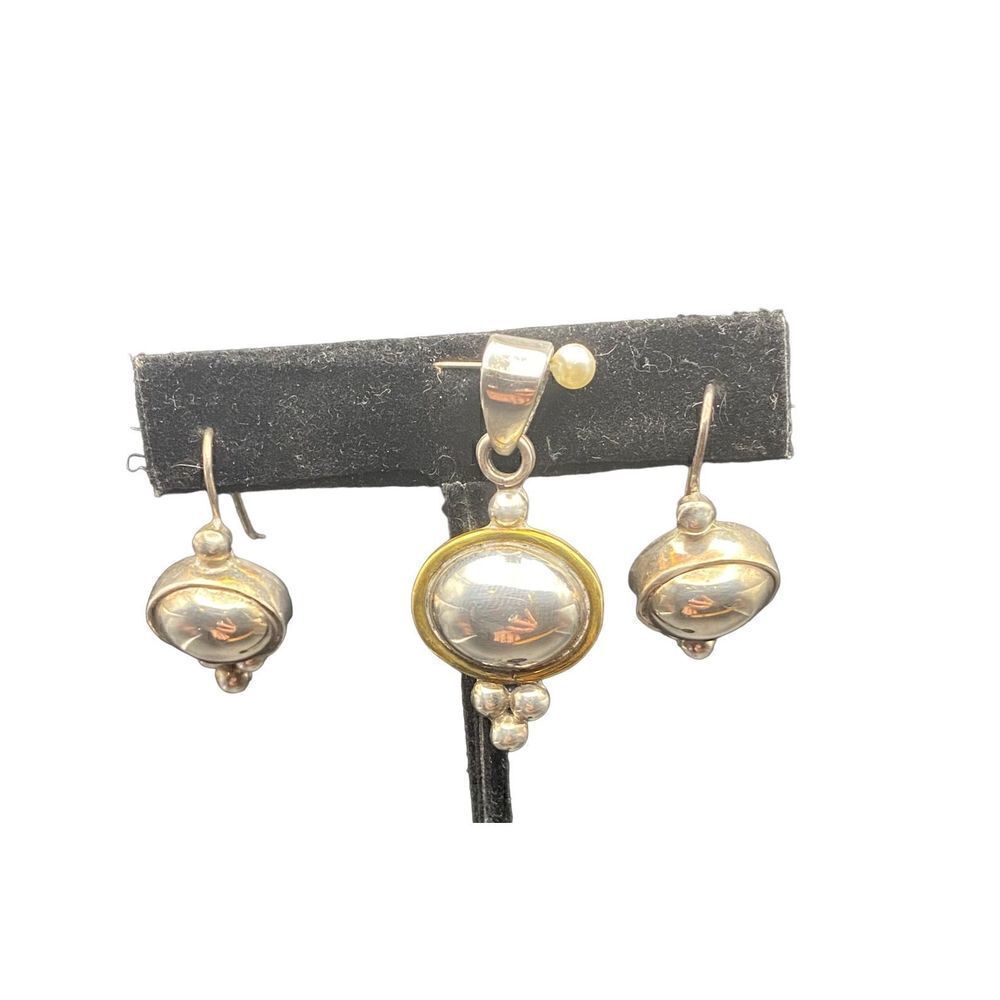 Laton Vintage Sterling Silver 925 Mexico Pendant gold detail and fishhook earrin